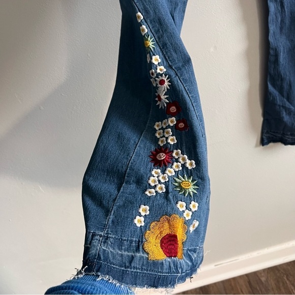 Bohemian High Waister Floral Embroidered Flare Blue Denim Jeans Extra Large - Picture 4 of 11